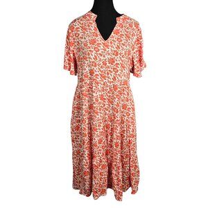 NWT | Hejoy | Orange & Cream Floral V-Neck Tiered Midi Dress with Pockets | Medi